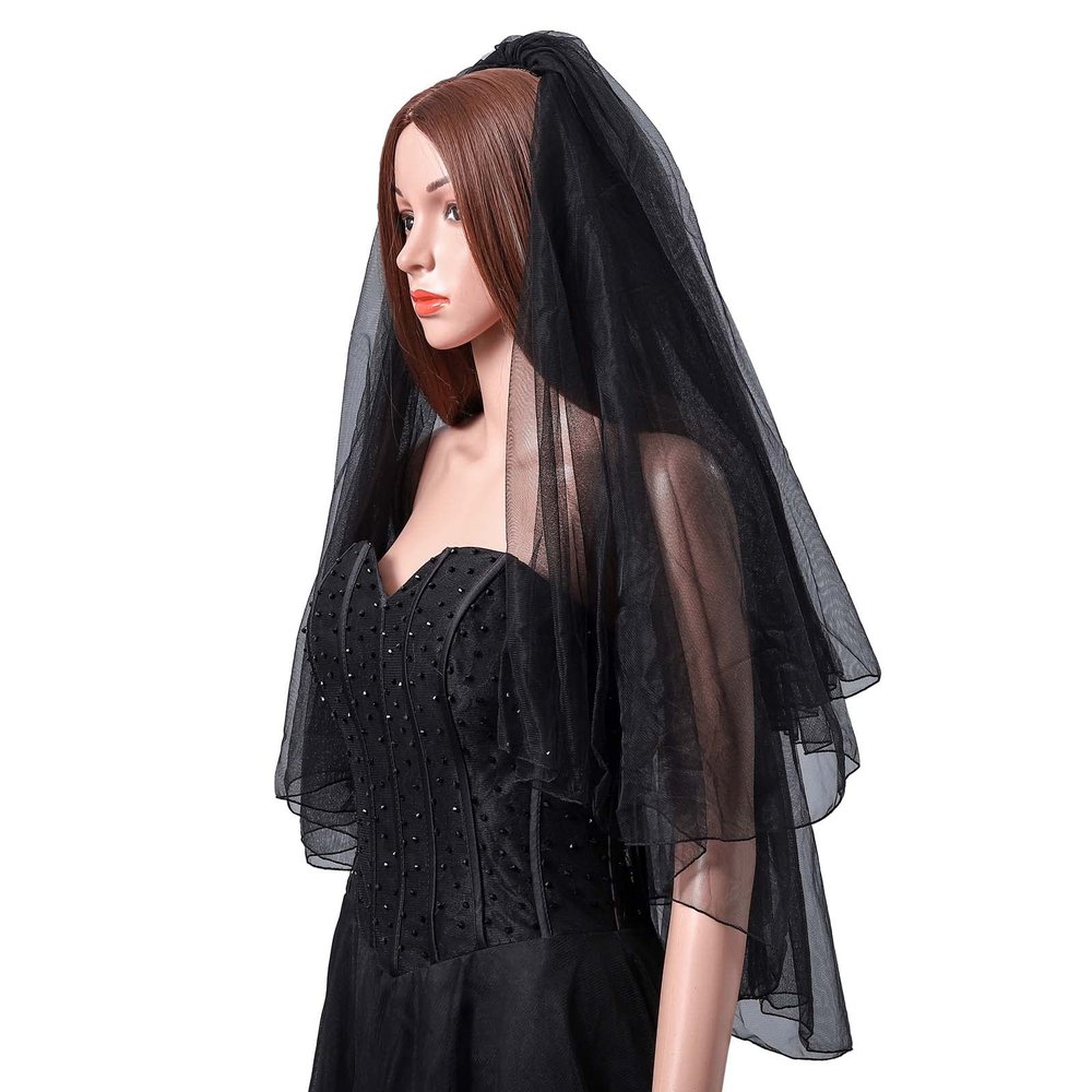 Acenail Black Veil Short Womens Wedding Bride Veil 2 Tier Fingertip Length Bridal Tulle Veils with Comb Veils for Halloween Cosplay Costume
