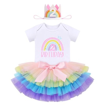 Baby Girls Rainbow 2nd Birthday Outfit - Romper Tutu Skirt with Diaper Cover Tulle Bloomers and Crown Headband 3PCS Infant Cake Smash Outfit for Photo Prop