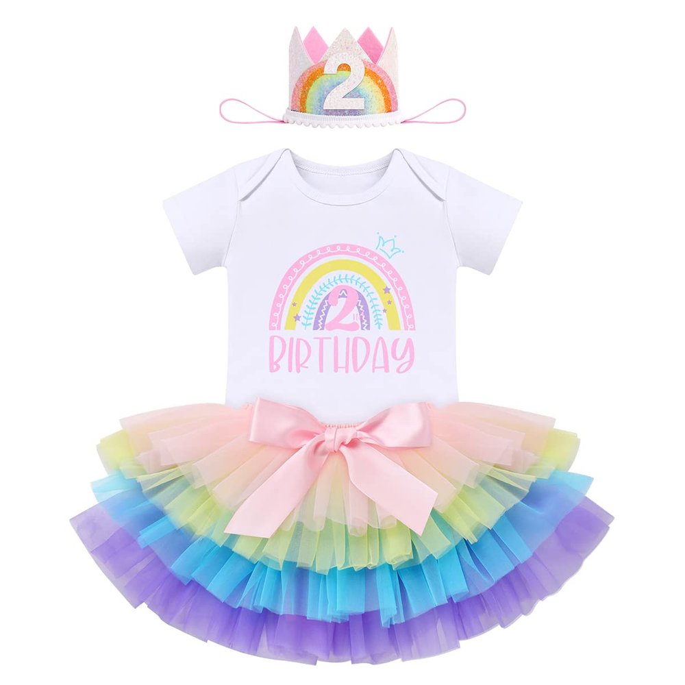 Baby Girls Rainbow 2nd Birthday Outfit - Romper Tutu Skirt with Diaper Cover Tulle Bloomers and Crown Headband 3PCS Infant Cake Smash Outfit for Photo Prop