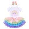 Baby Girls Rainbow 2nd Birthday Outfit - Romper Tutu Skirt with Diaper Cover Tulle Bloomers and Crown Headband 3PCS Infant Cake Smash Outfit for Photo Prop view 1