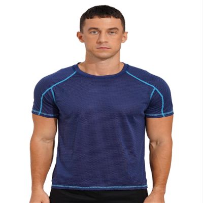 Hansber Men's Quick Dry Short Sleeve Shirt Sun Protection Rash Guard Swim Tee Athletic Running Fishing Shirts DarkBlue Large