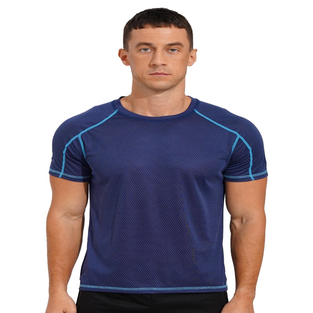 Hansber Men's Quick Dry Short Sleeve Shirt Sun Protection Rash Guard Swim Tee Athletic Running Fishing Shirts DarkBlue Large