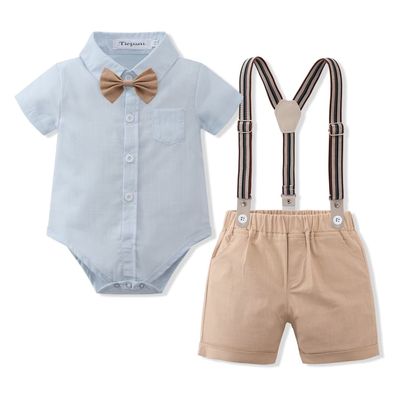 Newborn Infant Baby Boys Summer Gentleman Suspenders Shorts Bowtie Shirt Outfit Set Blue Khaki 18-24M