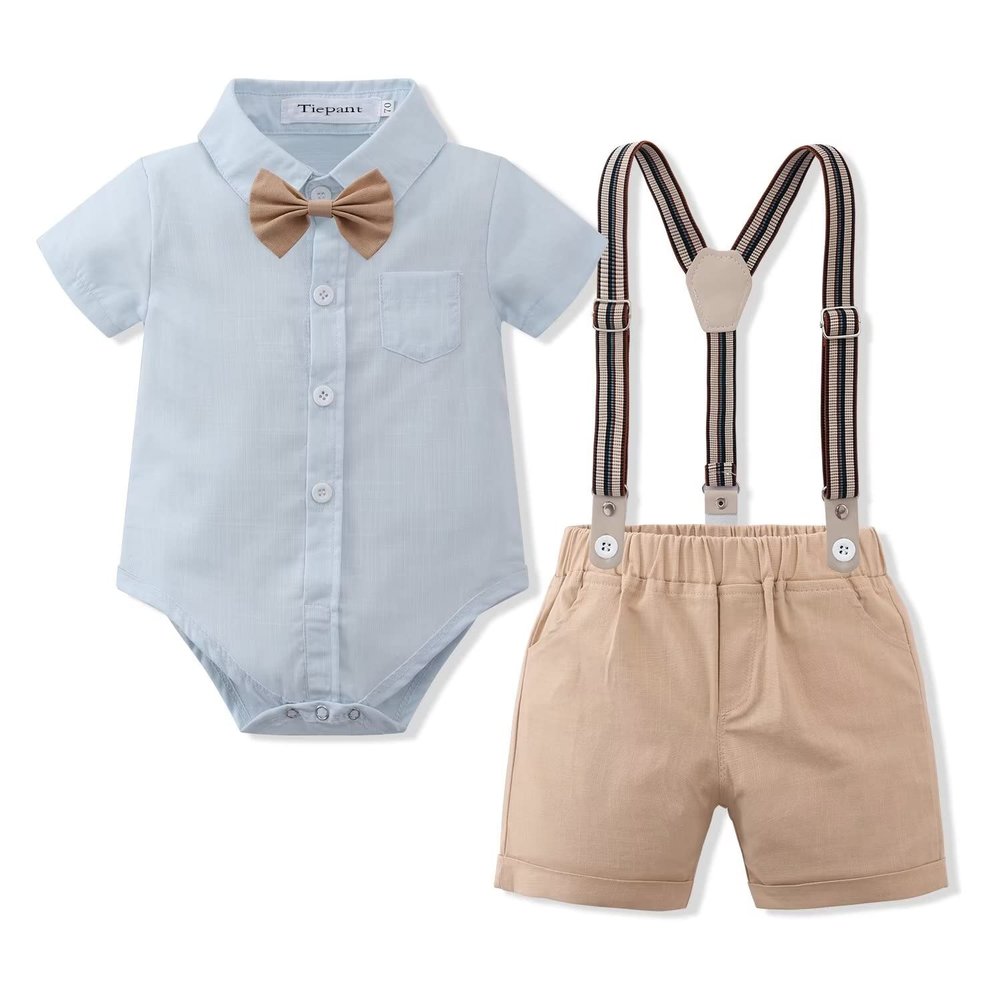 Newborn Infant Baby Boys Summer Gentleman Suspenders Shorts Bowtie Shirt Outfit Set Blue Khaki 18-24M
