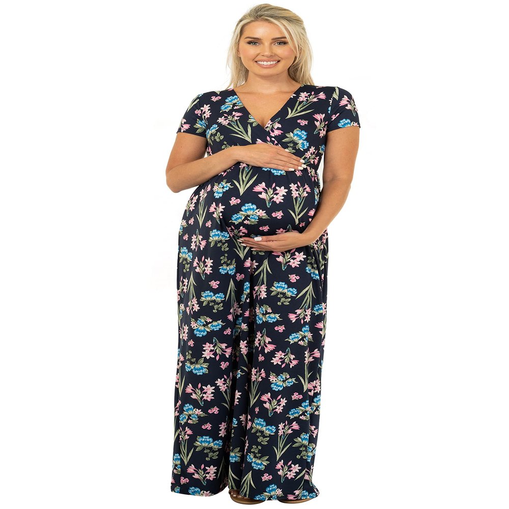Mother Bee Maternity Short Sleeve Ruched Waist Faux Wrap Maxi Dress