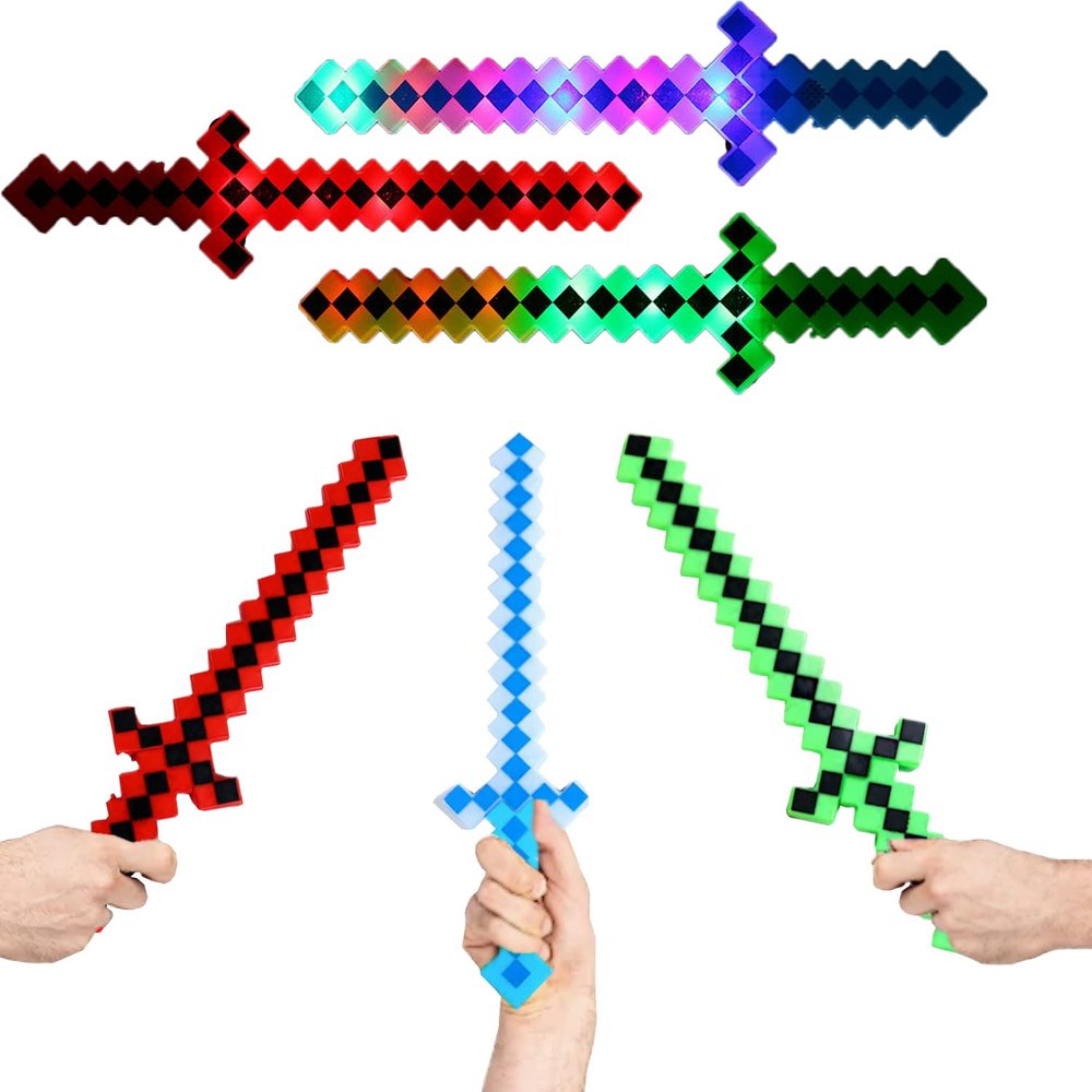 mushroomcase Pixel Diamond Toy Weapon Sword With LED Lights & Sound Set of 3 Pixel Weapon Action Figure Accessory