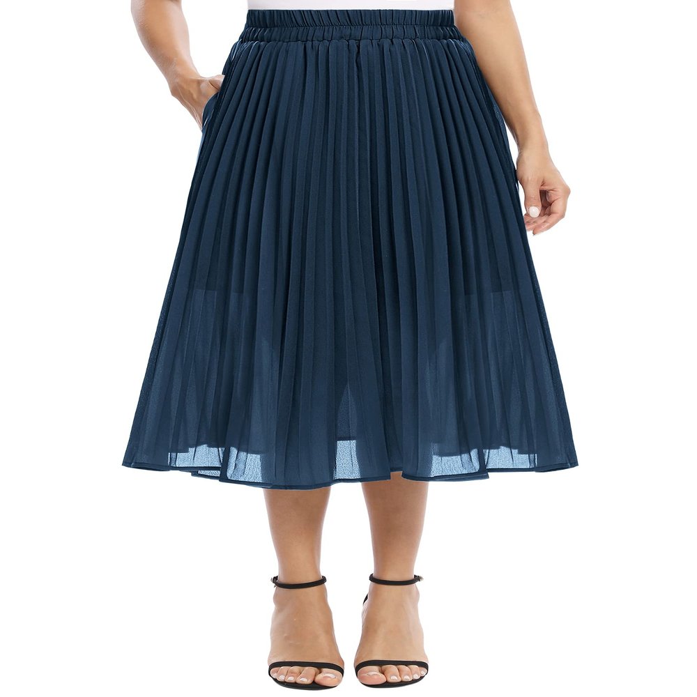 EXCHIC Women's Casual Chiffon Elastic Waist A-Line Pleated Swing Midi Skirt with Pockets (S, Navy Blau)