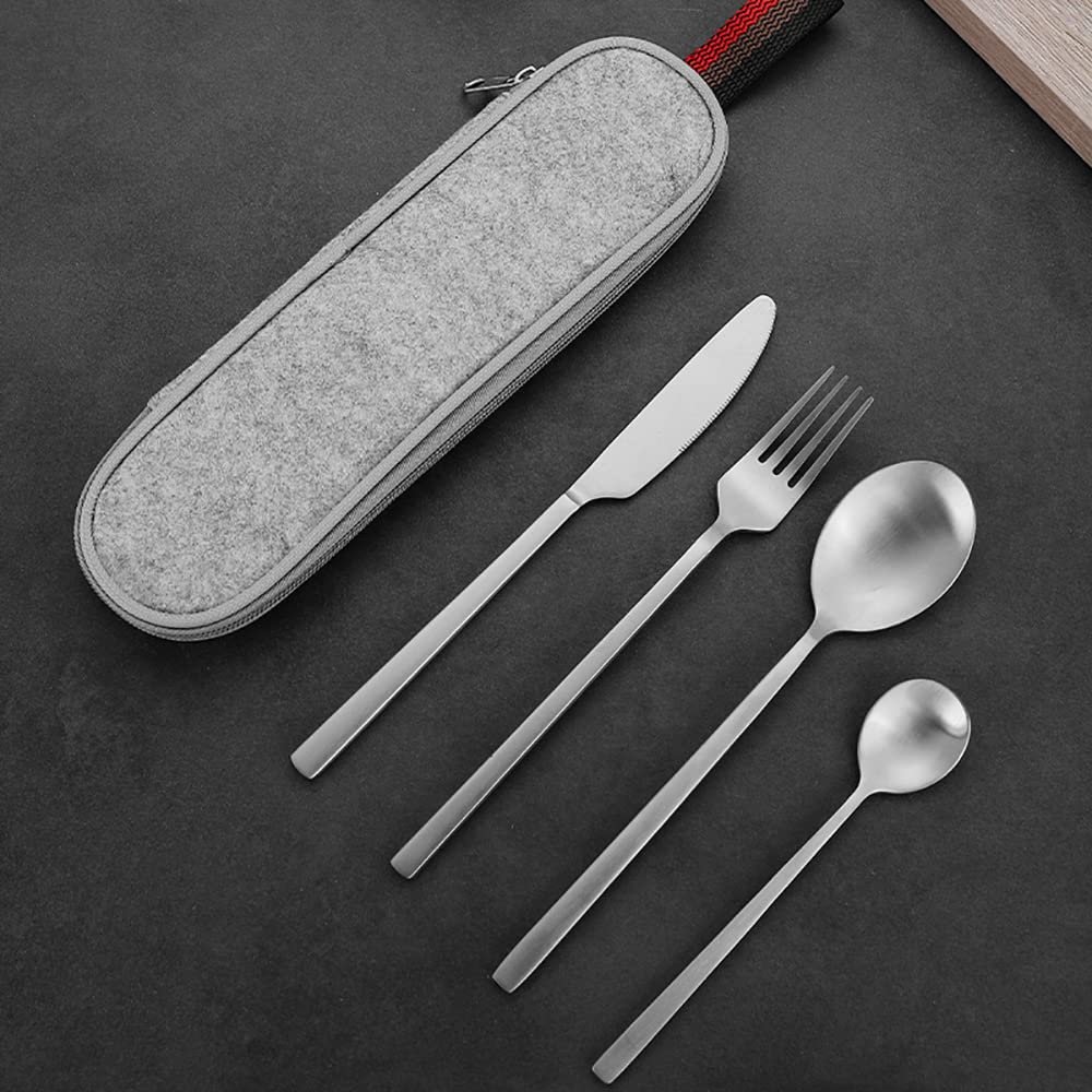 Portable Silverware Set Camping Flatware Stainless Steel Cutlery Set Include Knife Fork Spoon Dessertspoon and Tableware Bag