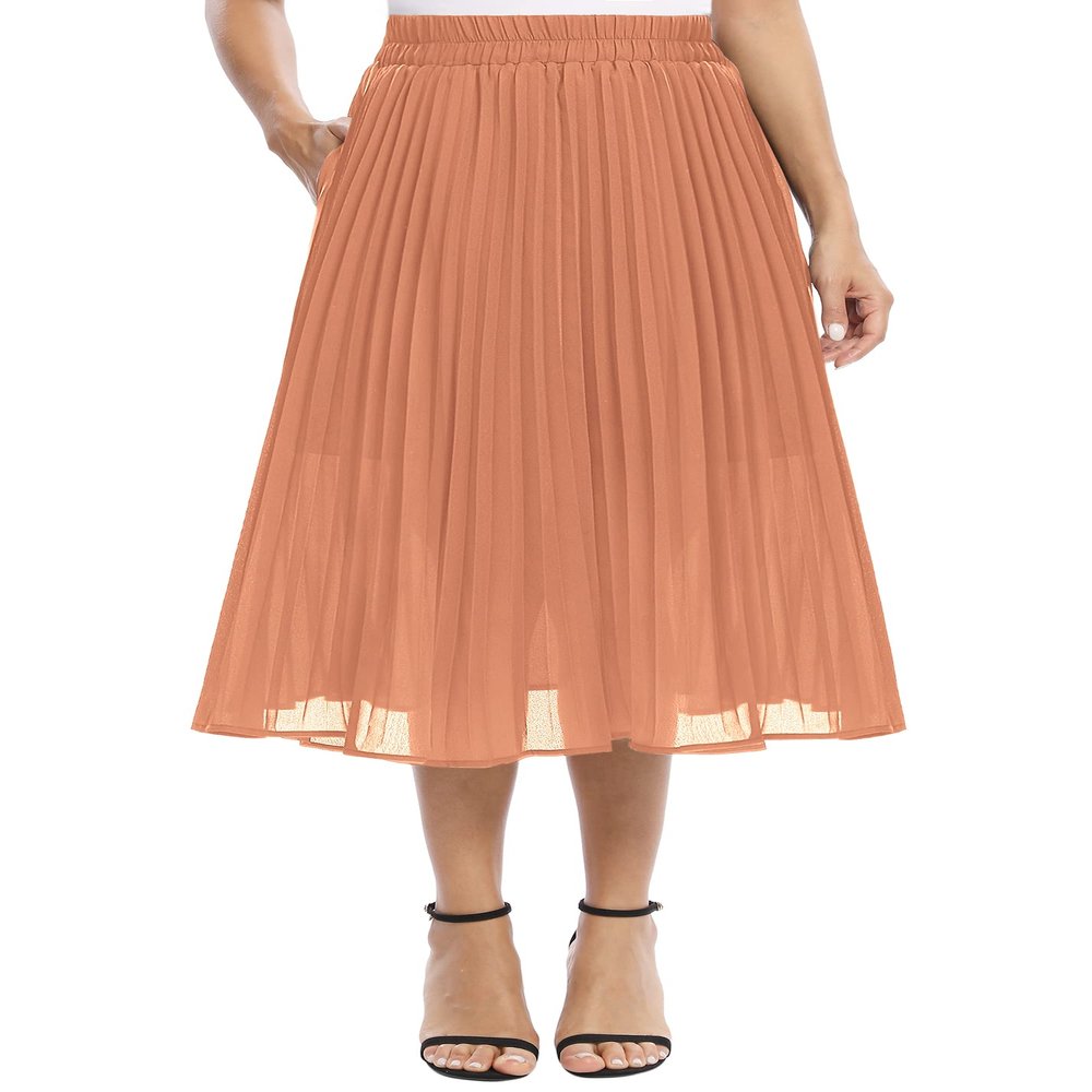 EXCHIC Women's Casual Chiffon Elastic Waist A-Line Pleated Swing Midi Skirt with Pockets (XL, Salmon)
