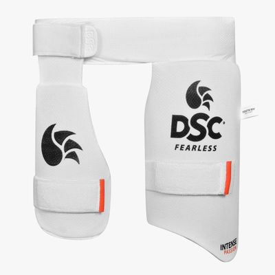 DSC Intense Passion Combo Thigh Pad | Color: White | Size: Boys Left Hand | Material: Polypropylene (PP) | Hard Shell for Superior Protection | High Density Foam Inside | Wide Comfort-Fit