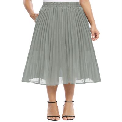 EXCHIC Women's Casual Chiffon Elastic Waist A-Line Pleated Swing Midi Skirt with Pockets (XL, Dark Grey)