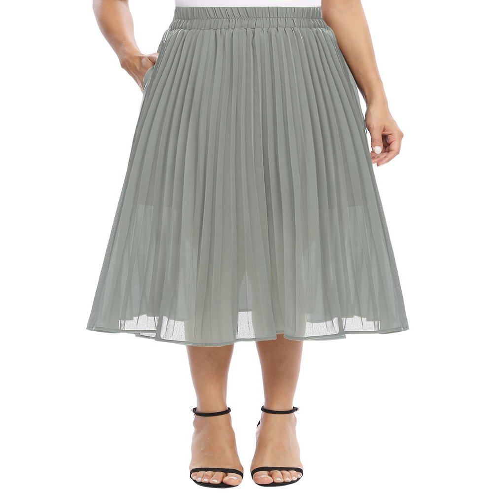 EXCHIC Women's Casual Chiffon Elastic Waist A-Line Pleated Swing Midi Skirt with Pockets (XL, Dark Grey)