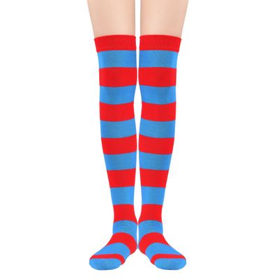 Zando Women's Crazy Long Socks, Anime Retro Knee High, Over Knee Thigh High, Novelty Tube, Extra Long Striped, Programming, Navy Red, One Size
