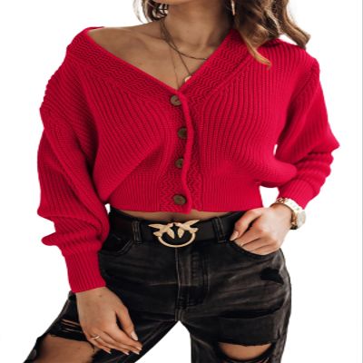 Febriajuce Women's Long Sleeve V-Neck Button Down Rib Knit Cropped Cardigan Sweater Red