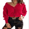 Febriajuce Women's Long Sleeve V-Neck Button Down Rib Knit Cropped Cardigan Sweater Red view 1