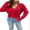 Febriajuce Women's Long Sleeve V-Neck Button Down Rib Knit Cropped Cardigan Sweater Red view 2