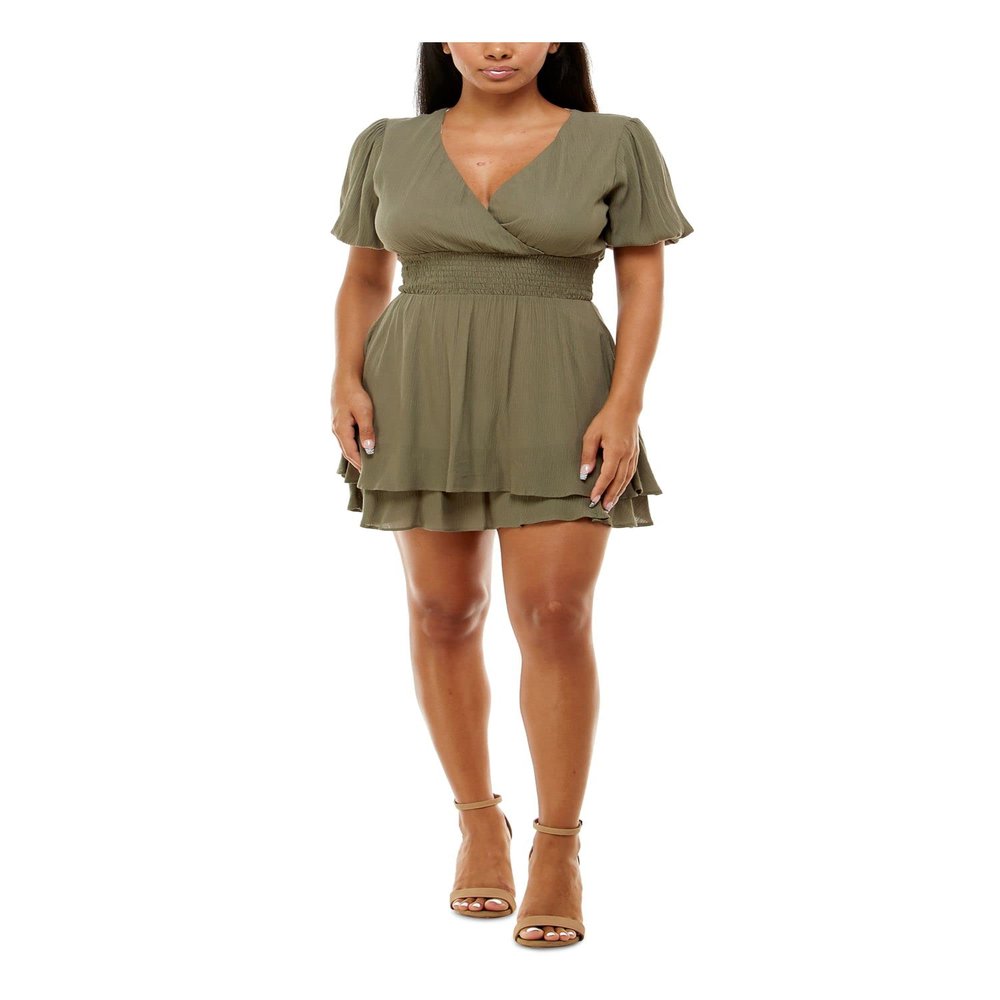 B Darlin Womens Green Stretch Smocked Layered Hem Lined Short Sleeve Surplice Neckline Short Evening Fit + Flare Dress 11