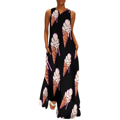 BAIKUTOUAN Melting Ice Cream Balls Women's Long Dress Casual Sleeveless Maxi Dress Swing Dresses with Pockets S