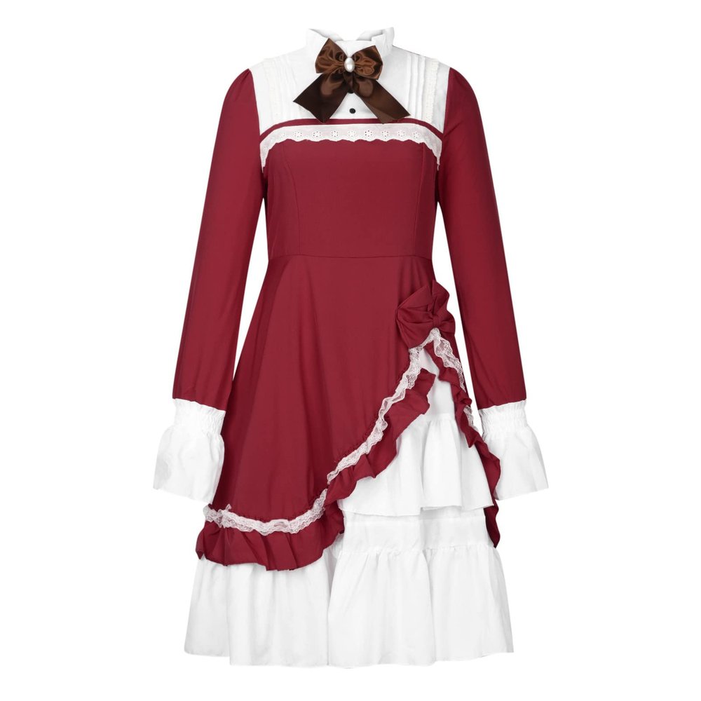 tuduoms Womens Victorian Lolita Dress Vintage Long Sleeve Renaissance Fairy Dress Ball Gown Steampunk Gothic Cosplay Costumes Red