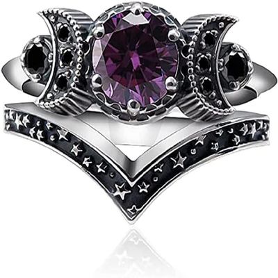 COLORFUL BLING Amethyst Triple Godness Moon Band Ring Set Purple Crystal Wicca Pagan Cresent for Women Wedding Engagement Promise Jewelry-8