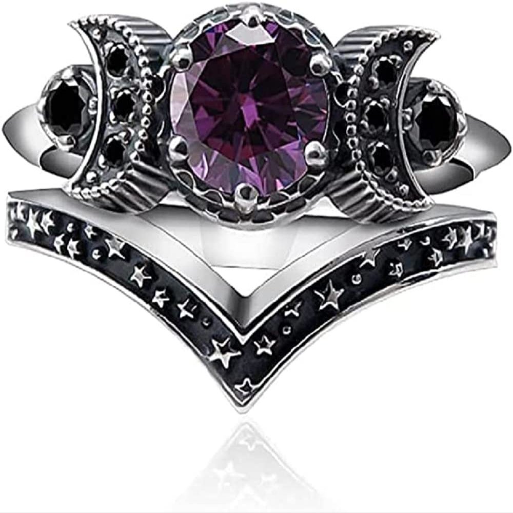 COLORFUL BLING Amethyst Triple Godness Moon Band Ring Set Purple Crystal Wicca Pagan Cresent for Women Wedding Engagement Promise Jewelry-8