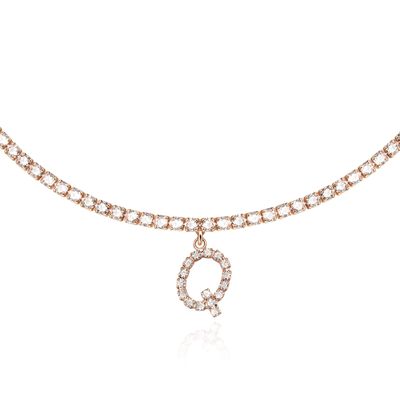 Rose Gold Initial Necklaces for Women, 14K Rose Gold Plated Tennis Chain Necklace Cubic Zirconia Initial Tennis Necklace, Bling CZ Letter Tennis Necklace for Women Initial Q Necklace