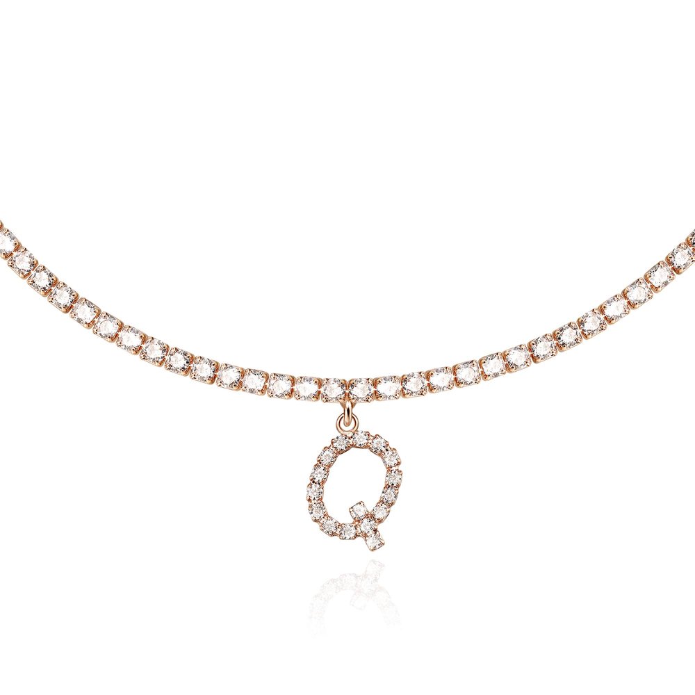 Rose Gold Initial Necklaces for Women, 14K Rose Gold Plated Tennis Chain Necklace Cubic Zirconia Initial Tennis Necklace, Bling CZ Letter Tennis Necklace for Women Initial Q Necklace