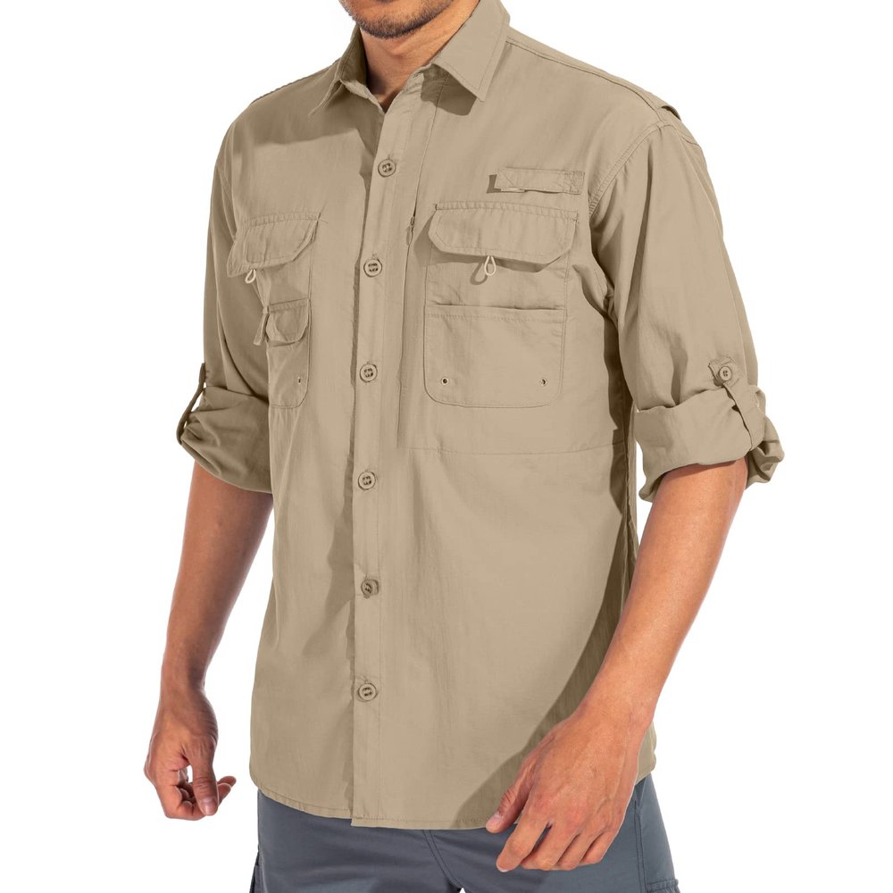 linlon Mens Safari Shirts Long Sleeve UV Protection Hiking Fishing UPF 50+ Quick Dry Cooling Camping Travel Shirts#5066-Khaki-L
