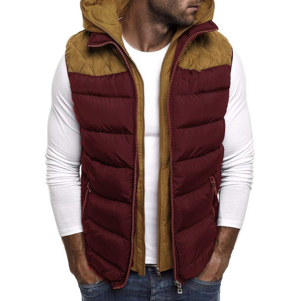WENKOMG1 Mens Quilted Vest,Zip Up Hooded Waistcoat Warm Cozy Puffer Vest Solid Comfy Sleeveless Outerwear,Lightweight Packable Patchwork Zipper Closure Winter Jacket For Men(Red,3X-Large)