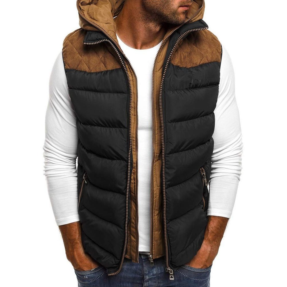 WENKOMG1 Mens Quilted Vest,Zip Up Hooded Waistcoat Warm Cozy Puffer Vest Solid Comfy Sleeveless Outerwear,Lightweight Packable Patchwork Zipper Closure Winter Jacket For Men(Black,X-Large)