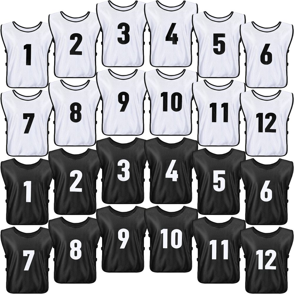 Yahenda 24 Pcs Sports Pinnies Soccer Scrimmage Practice Vests Numbered Soccer Team Pennies with Belt for Adult(Large,White, Black)
