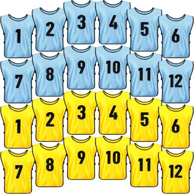 Yahenda 24 Pcs Sports Pinnies Soccer Scrimmage Practice Vests Numbered Soccer Team Pennies with Belt for Adult(Large,Gold, Sky Blue)