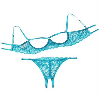 Lilosy Women's Sexy Underwire Floral Lace Sheer Bachelorette Lingerie Set See Through Bra and Panty 2 Piece Turquoise Large