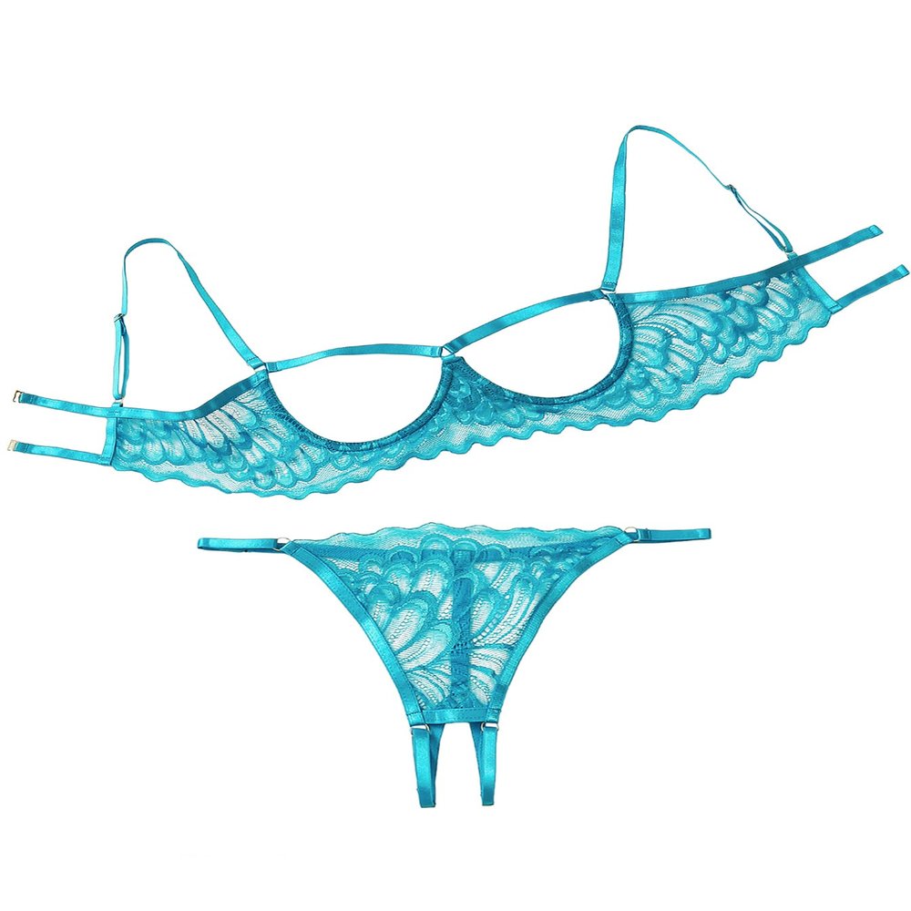 Lilosy Women's Sexy Underwire Floral Lace Sheer Bachelorette Lingerie Set See Through Bra and Panty 2 Piece Turquoise Large