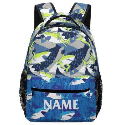 Fovanxixi Custom Green Blue Shark Backpack for Kids Boys Girls, Children Personalized Backpack with Name Text Customized Daypack Schoolbag for Student Bookbag