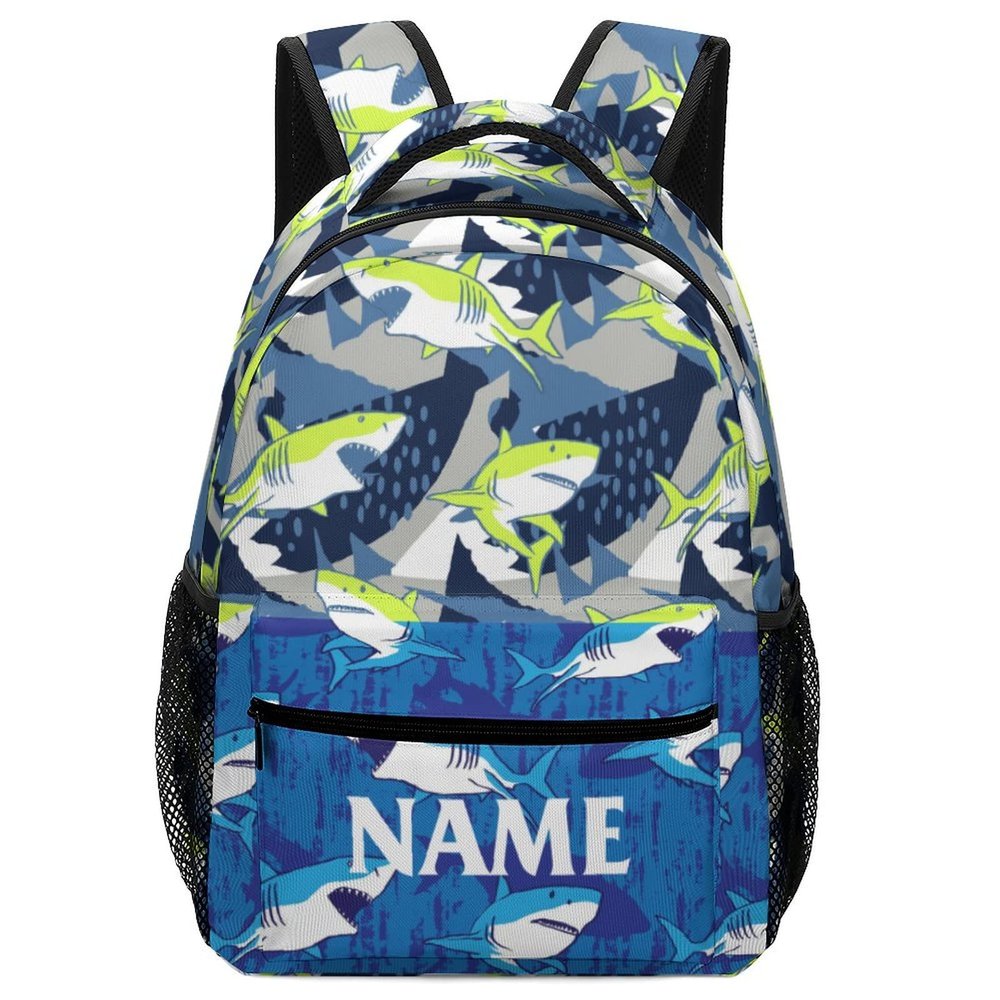 Fovanxixi Custom Green Blue Shark Backpack for Kids Boys Girls, Children Personalized Backpack with Name Text Customized Daypack Schoolbag for Student Bookbag