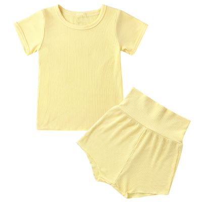 vastwit Toddler Baby Girls Boys Summer Cotton Casual Outfit Solid Color Ribbed T-Shirt High Waist Shorts Yellow 12-24 Months