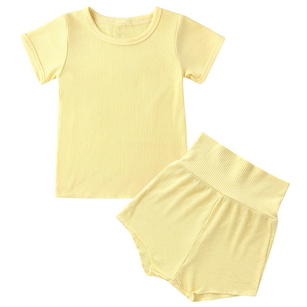 vastwit Toddler Baby Girls Boys Summer Cotton Casual Outfit Solid Color Ribbed T-Shirt High Waist Shorts Yellow 12-24 Months