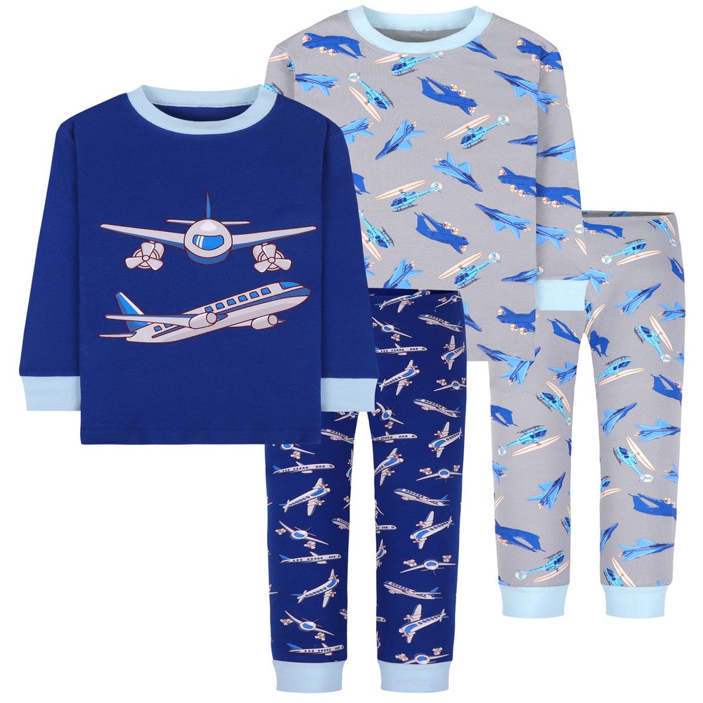 DAUGHTER QUEEN Boys Pajamas Toddler Airplane PJs Kids Sleepwear 100% Organic Cotton Pj Sets Child 4 Piece Long Sleeve Jammies Winter Clothes Size 2T Age 2 Years Old