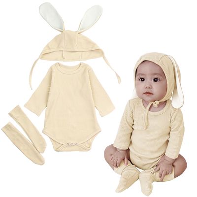 AGQT Baby Girls&Boys Easter Bunny Outfit Set Baby Girls&Boys Halloween Animal Costume 3pcs Bunny Ear Long Sleeve Romper with Sock and Hat Off-White Size 18-24 Months