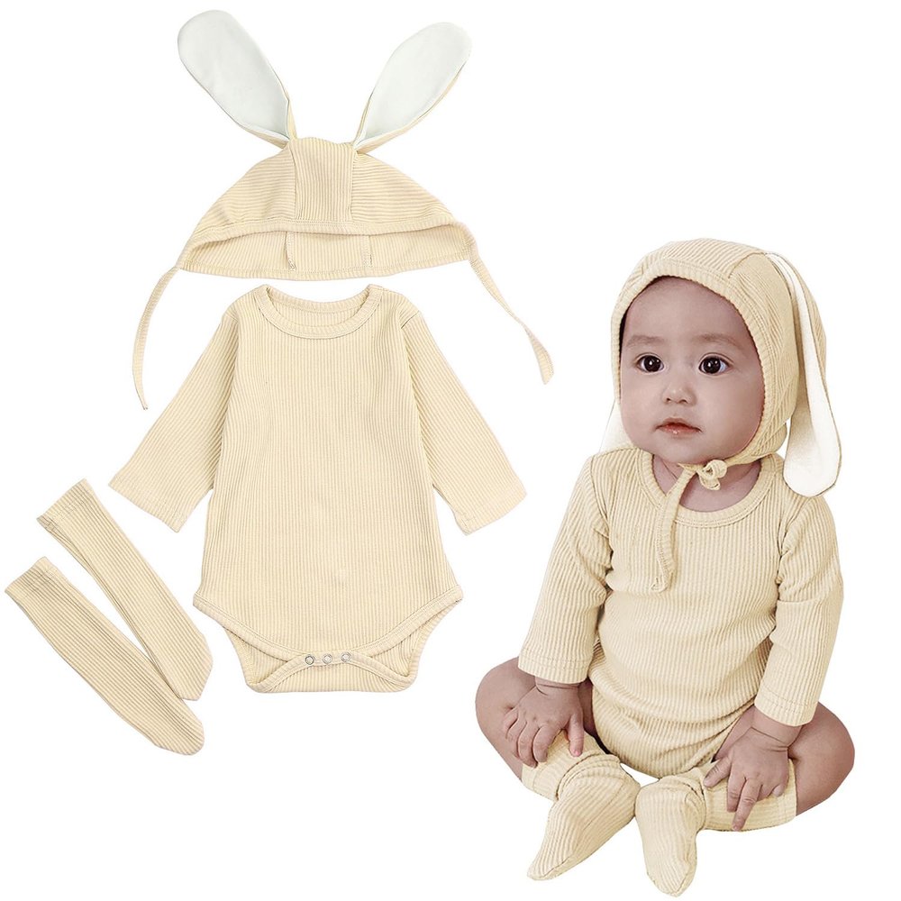 AGQT Baby Girls&Boys Easter Bunny Outfit Set Baby Girls&Boys Halloween Animal Costume 3pcs Bunny Ear Long Sleeve Romper with Sock and Hat Off-White Size 18-24 Months