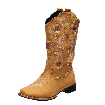 HINDOLA Women's Mid Boots Slip-on Classic Cowboy Rider Boots Chunky Heel Floral Embroidered Western Cowgirl Boots