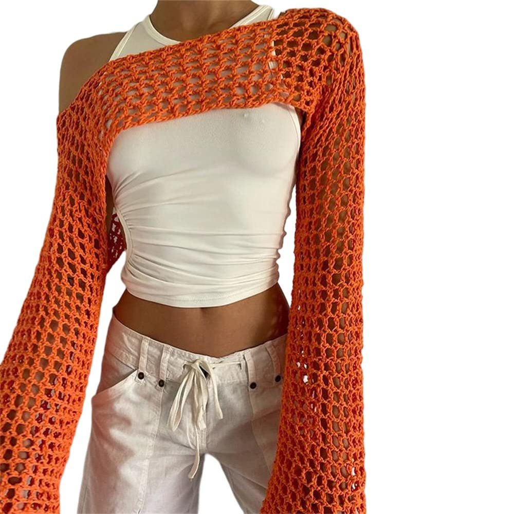 KEOMUD Women Mesh Crochet Crop Top Long Sleeve Hollow Out Cropped Knit Sweater Bikini Beach See Through Cover Ups Orange Small