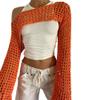 KEOMUD Women Mesh Crochet Crop Top Long Sleeve Hollow Out Cropped Knit Sweater Bikini Beach See Through Cover Ups Orange Small view 1