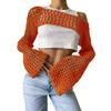 KEOMUD Women Mesh Crochet Crop Top Long Sleeve Hollow Out Cropped Knit Sweater Bikini Beach See Through Cover Ups Orange Small view 2