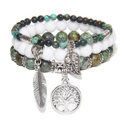 Bracelets Set Natural Labradorite Beads Bracelet Men Black Lava Stone Bangle Silver Color Cross Charm,African Turquoise,19cm