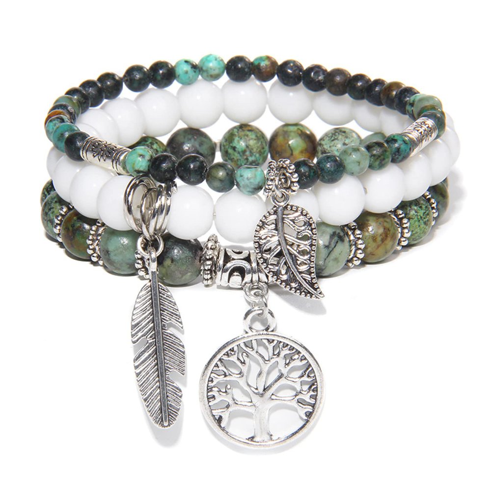 Bracelets Set Natural Labradorite Beads Bracelet Men Black Lava Stone Bangle Silver Color Cross Charm,African Turquoise,19cm