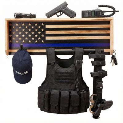 Police Tactical Duty Gear Rack Blue American Flag Wall Mount Storage Holder
