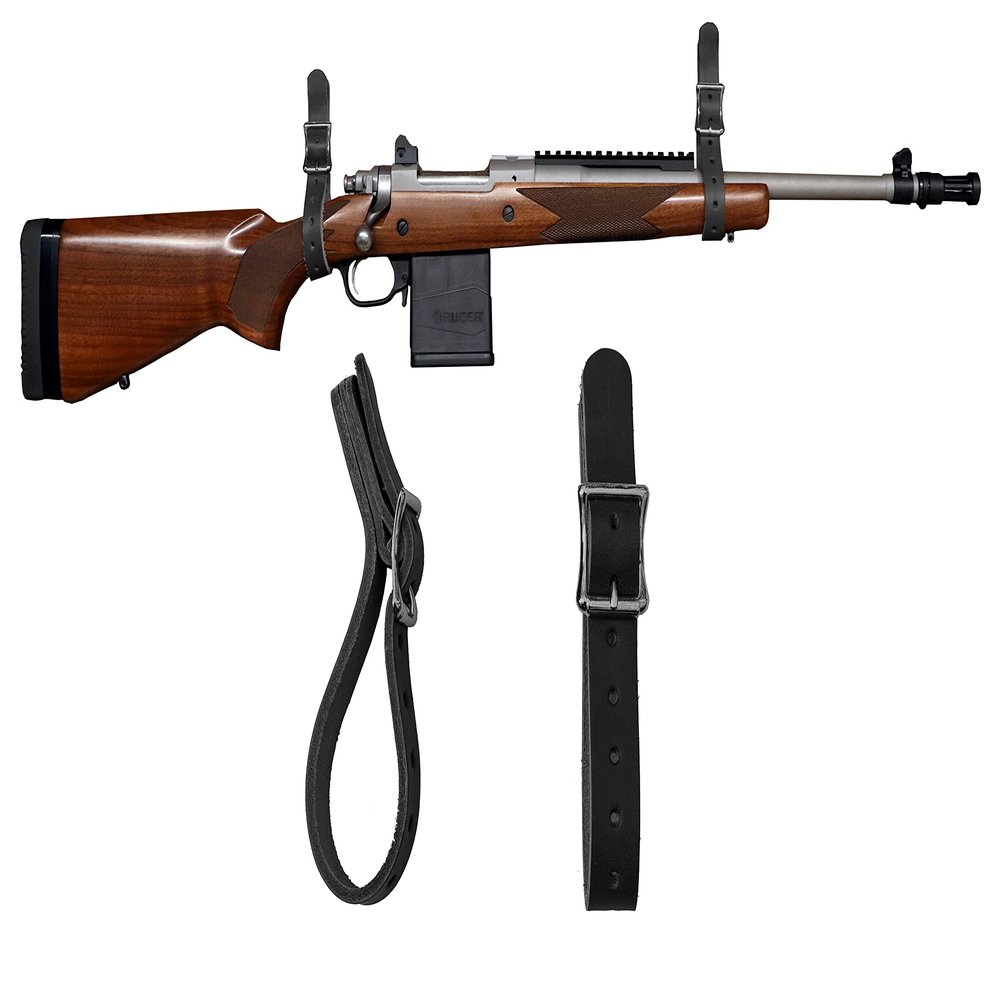 Helko Werk Germany Leather Gun Hangers - Wall Mount and Adjustable Buckle Straps for Wall Display, Racks, and Hanging Long Guns, Rifles, Shotguns, and Firearms - Made in USA (Black) #8878RBK
