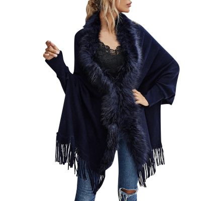 Womens Solid Color Collar Cloak Knitted Capes Shawl Tassel Open Front Cardigans Sweater Fitted T Shirts Women Dark Blue